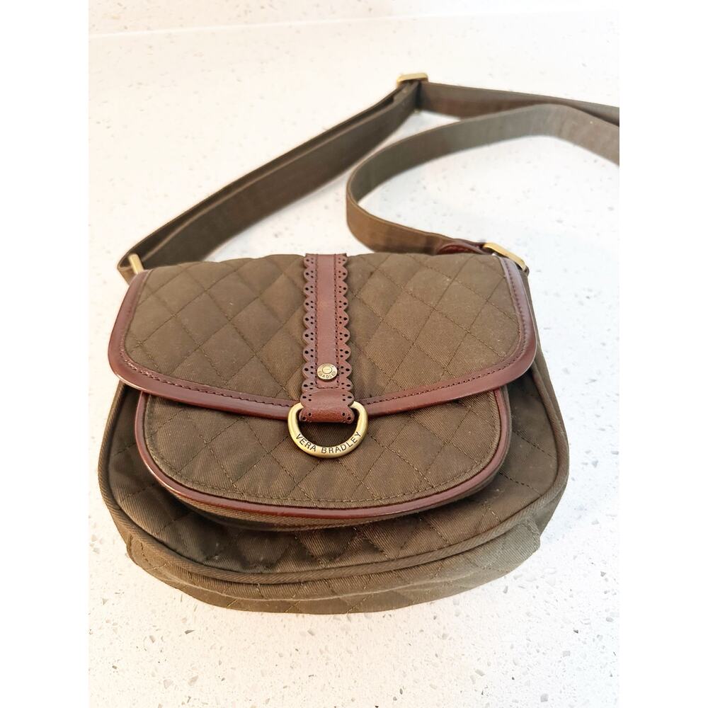 Vera Bradley Quilted Crossbody Bag Olive Green 
Brown Floral Lining Leather Trim